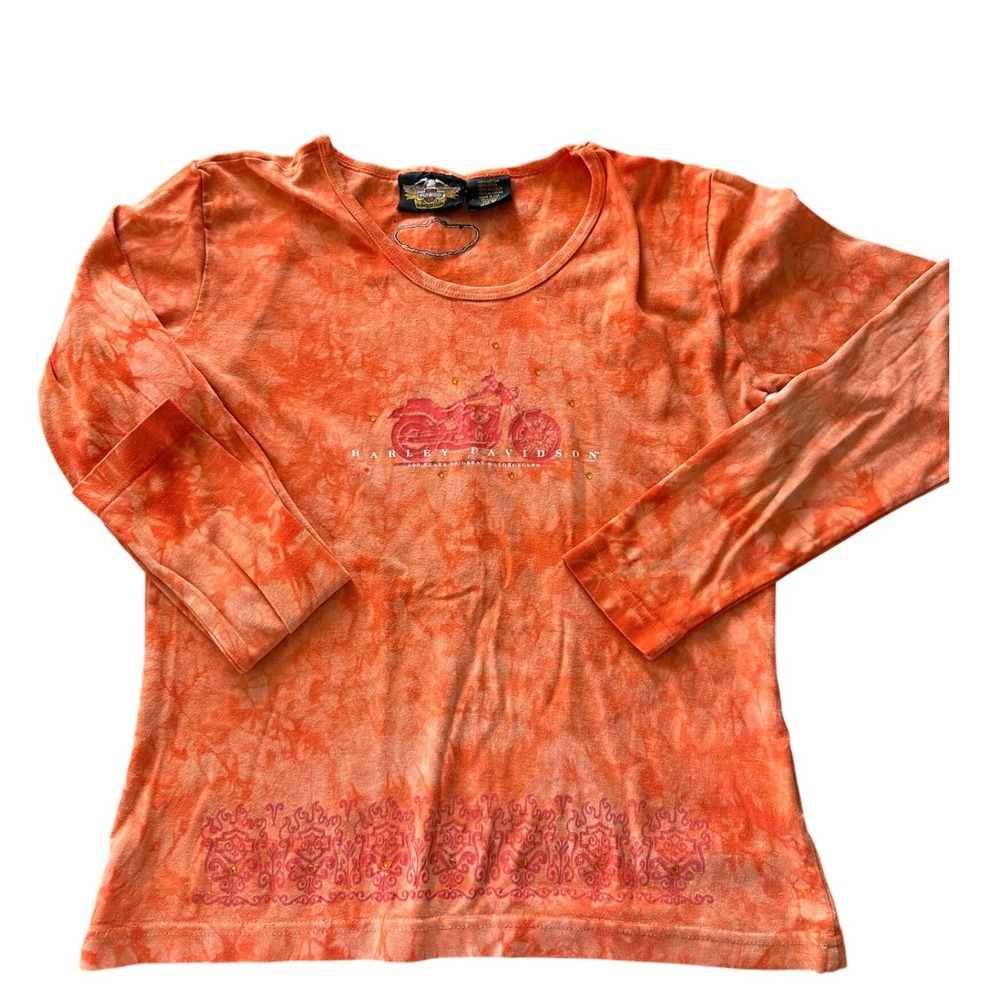 Harley Davidson 100th Anniversary Orange Tie Dye Long Sleeve Top Women M 2003